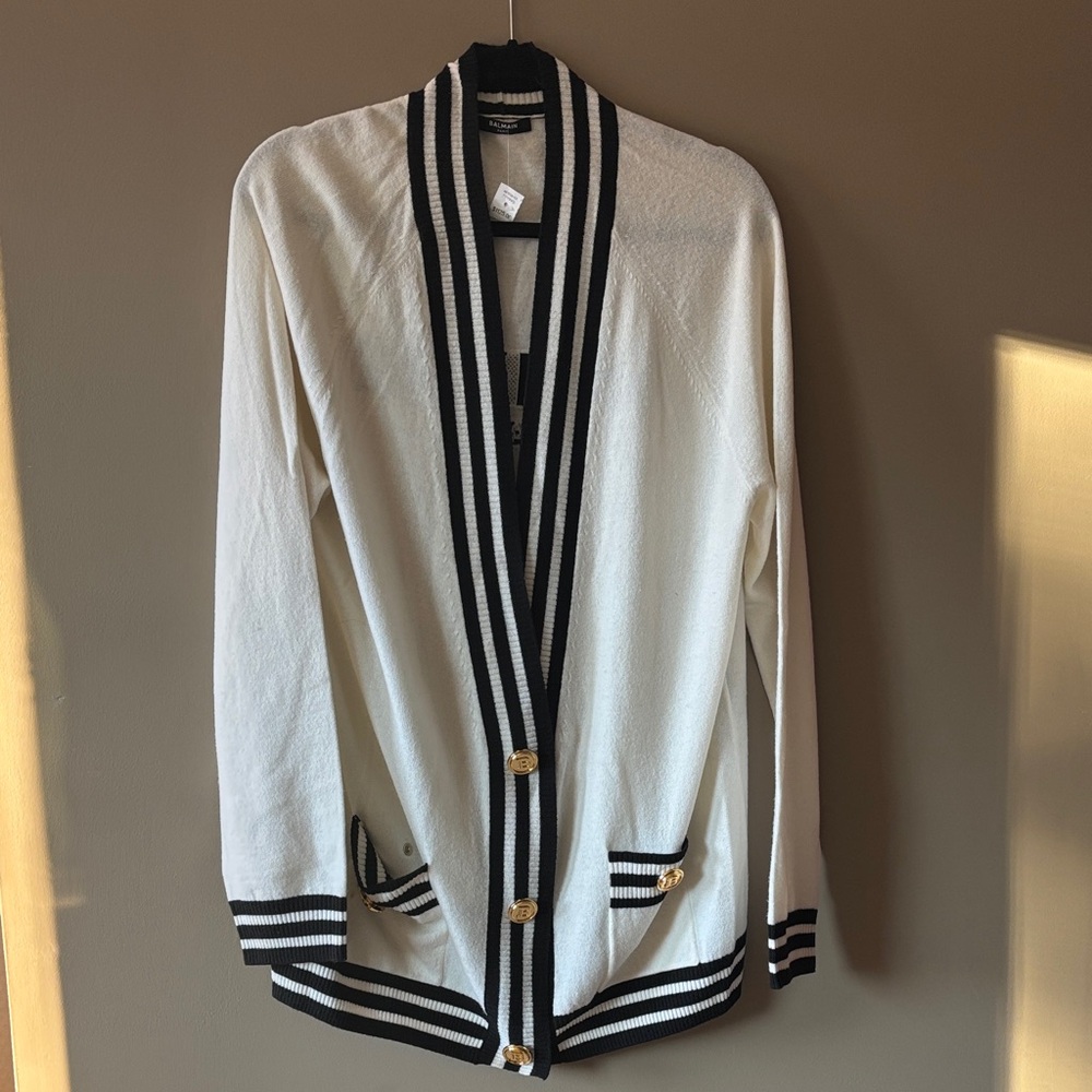AUTHENTIC Balmain White and Black Cardigan with Gold Accents